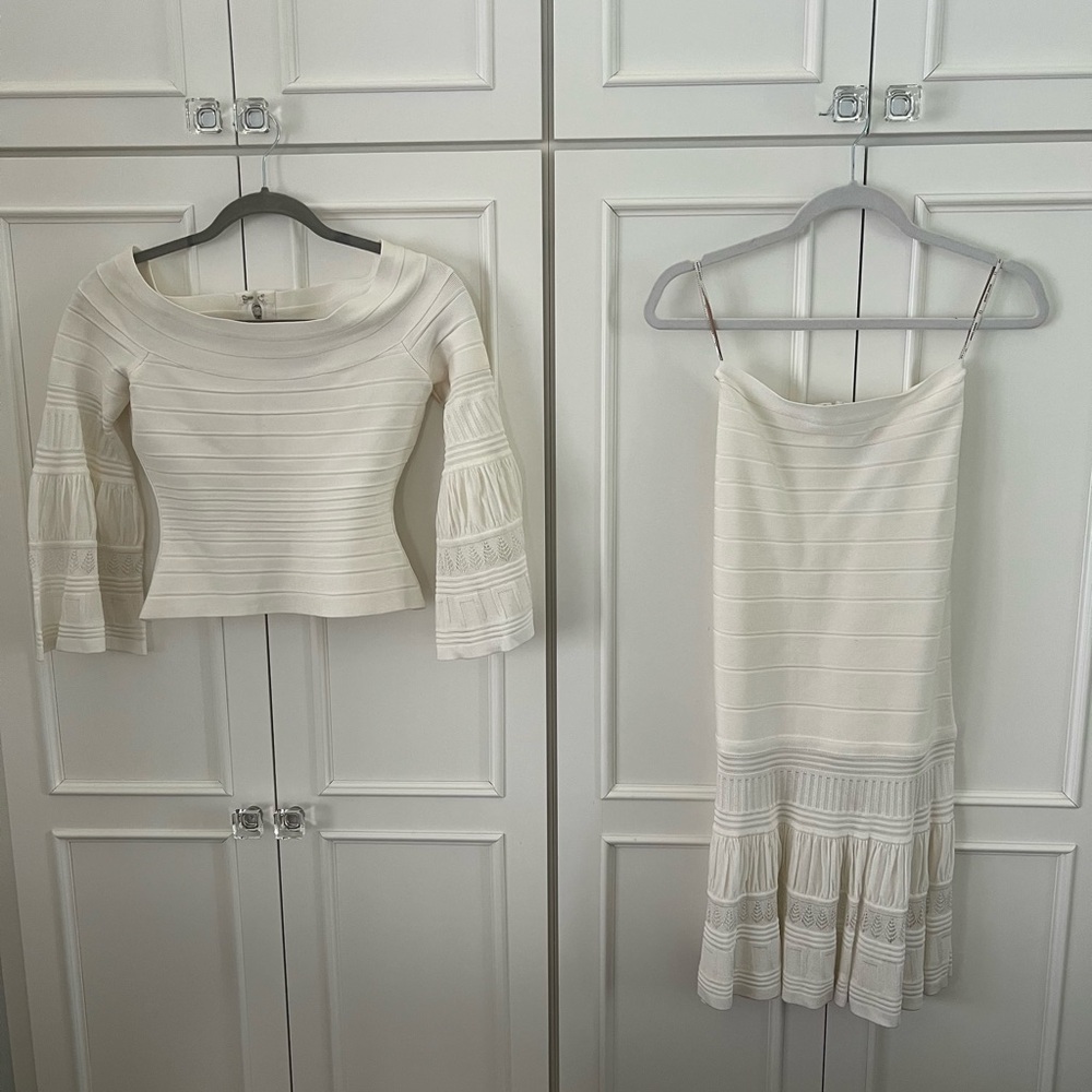 Hervé Leger White Off-Shoulder Top With Matching Skirt